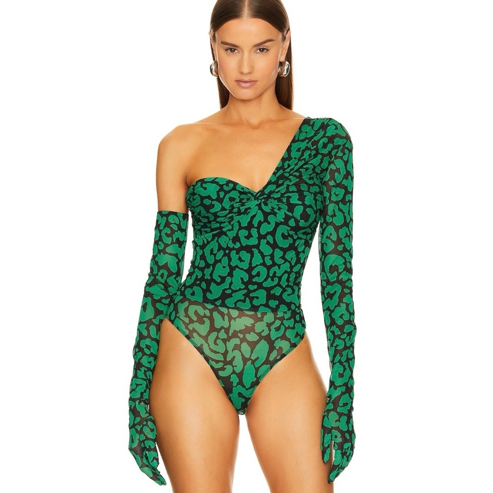 Michael Costello Green Leopard-Print One-Shoulder Bodysuit